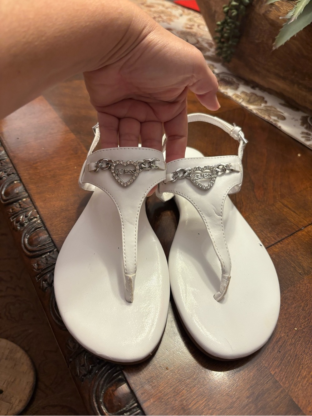 GUESS White Rhinestone Heart T-Strap Sandals - Picture 10 of 10